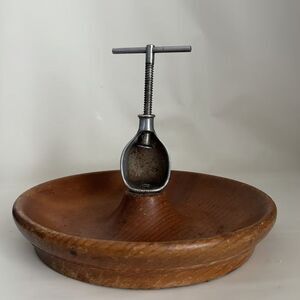 Vintage Mid Century Nut Bowl Screw Press Cracker Wood Metal MCM Danish Modern